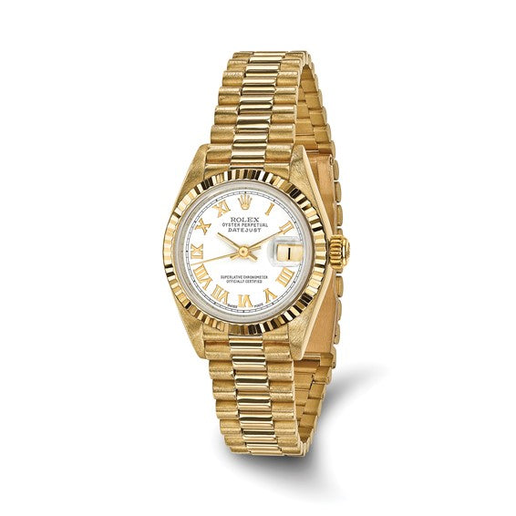Reloj presidencial con esfera blanca de 18k y 26 mm con certificación independiente Rolex de segunda mano Swiss Crown™ USA 