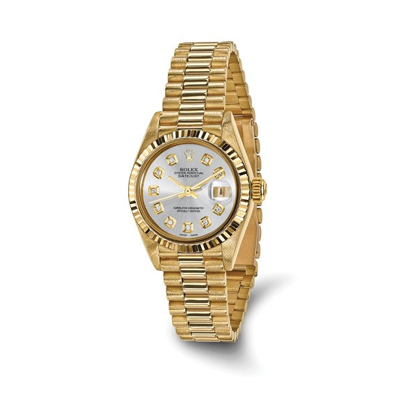 Swiss Crown™ USA Pre-owned Rolex-Independently Certified 18k 26mm Case Presidential Silver Diamond Dial Watch