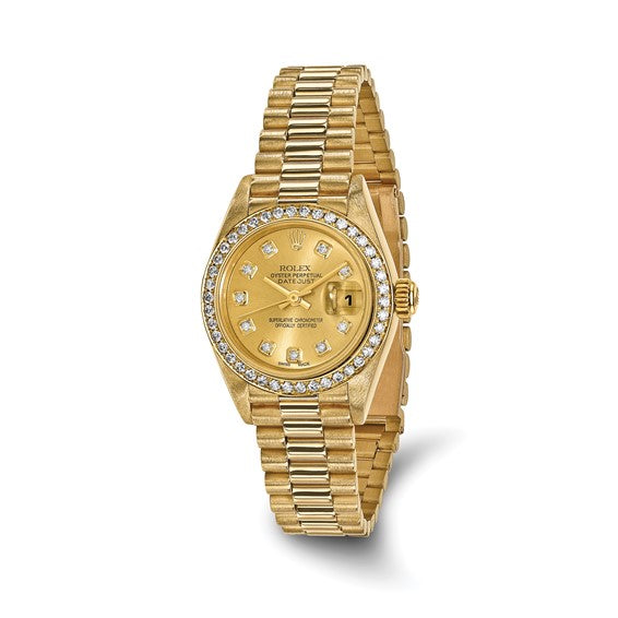 Swiss Crown™ USA Pre-owned Rolex-Independently Certified 18k 26mm Case Presidential Champagne Diamond Dial and Bezel Watch