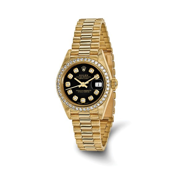 Swiss Crown™ USA Pre-owned Rolex-Independently Certified 18k 26mm Case Presidential Black Diamond Dial and Bezel Watch