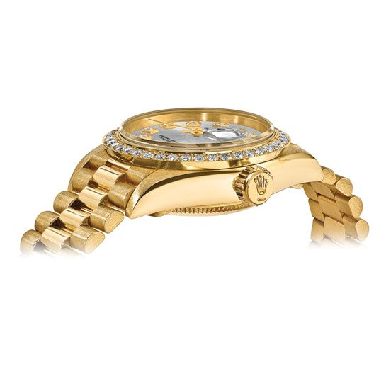 Swiss Crown™ Reloj de bisel y esfera de diamantes en plata presidencial de 18k con caja de 26 mm y certificación independiente Rolex de segunda mano en EE. UU. 