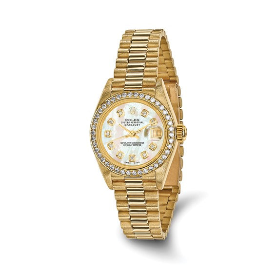 Swiss Crown™ Reloj presidencial de nácar con esfera y bisel de diamantes de 18k y 26 mm con certificación independiente Rolex de segunda mano en EE. UU. 