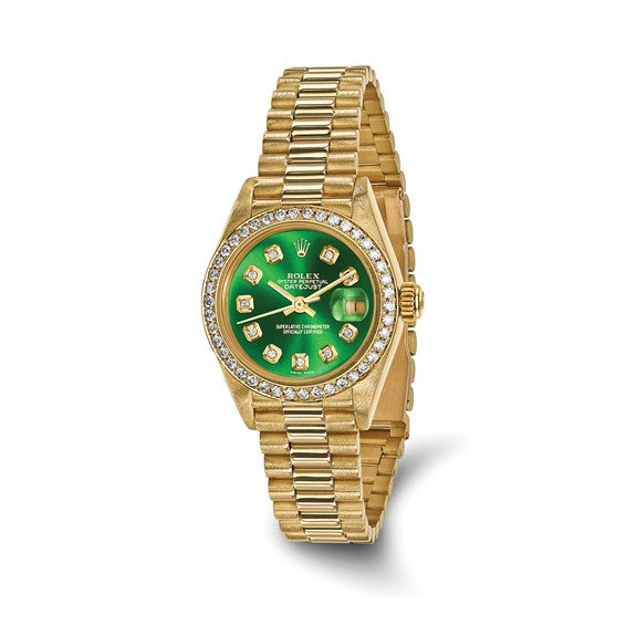 Swiss Crown™ USA Pre-owned Rolex-Independently Certified 18k 26mm Case Presidential Green Diamond Dial and Bezel Watch