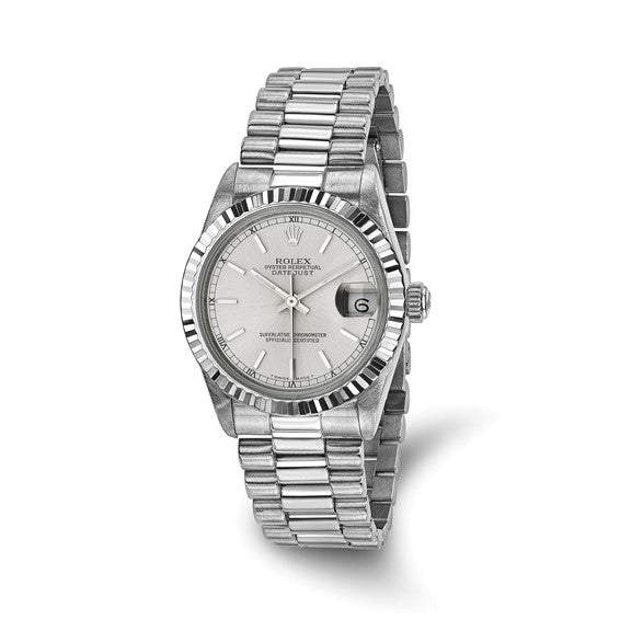 Swiss Crown™ USA Pre-owned Rolex-Independently Certified 18KW Presidential With SILVER Diamond Dial and 18k Bezel