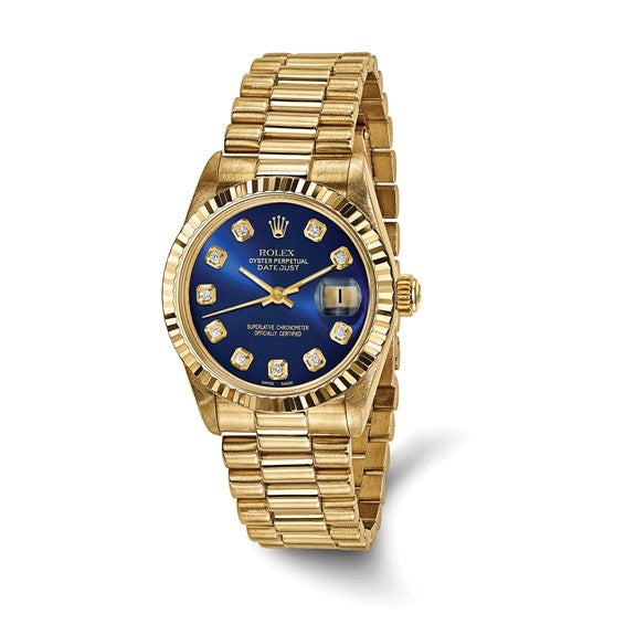 Reloj Swiss Crown™ de segunda mano con certificación independiente Rolex de 18 quilates y caja de 31 mm con esfera de diamantes azules presidenciales 