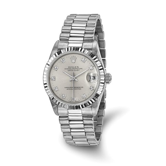 Swiss Crown™ USA Pre-owned Rolex-Independently Certified 18K WHITE GOLD Presidential With SILVER Diamond Dial and 18k Bezel