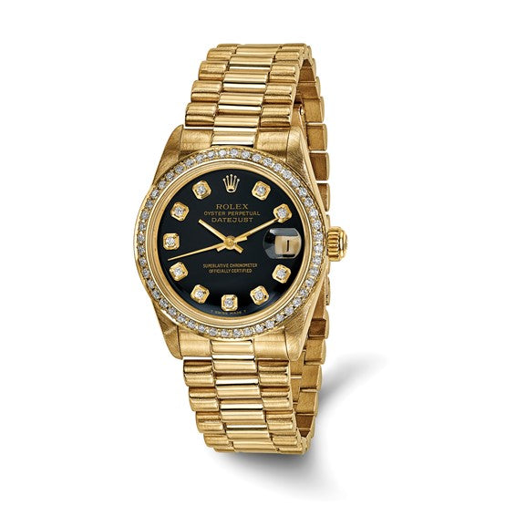 Swiss Crown™ USA Pre-owned Rolex-Independently Certified 18k 31mm Case Presidential Black Diamond Dial and Bezel Watch