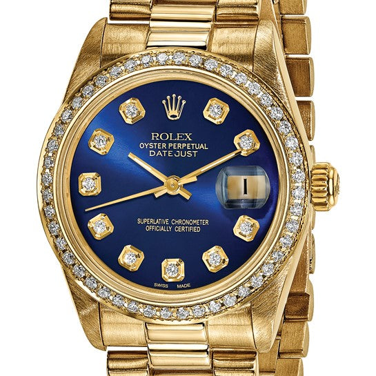 Reloj Rolex by Swiss Crown™ USA de segunda mano con caja de 18k y 31 mm, esfera y bisel de diamantes en azul presidencial 