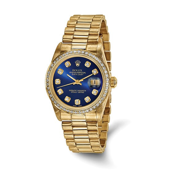 Reloj Rolex by Swiss Crown™ USA de segunda mano con caja de 18k y 31 mm, esfera y bisel de diamantes en azul presidencial 