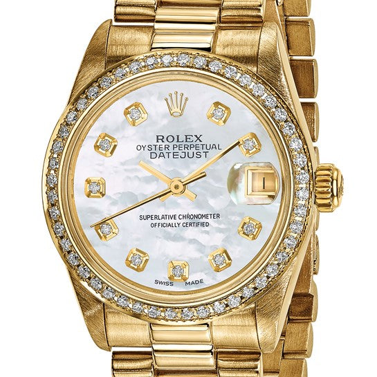 Swiss Crown™ Reloj Rolex de 18 quilates con caja de 31 mm y certificado independiente de segunda mano en EE. UU. Presidencial con esfera y bisel de nácar y diamantes