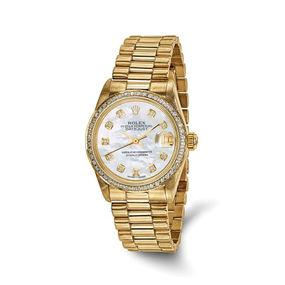 Swiss Crown™ Reloj Rolex de 18 quilates con caja de 31 mm y certificado independiente de segunda mano en EE. UU. Presidencial con esfera y bisel de nácar y diamantes