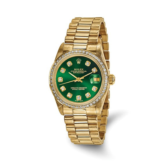 Swiss Crown™ USA Pre-owned Rolex-Independently Certified 18k 31mm Case Presidential Green Diamond Dial and Bezel Watch