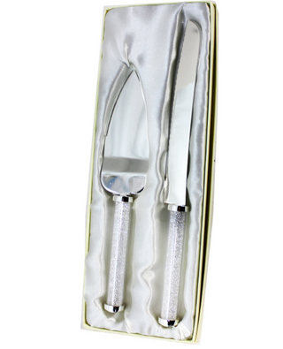 Silver cake server and knife set with crystal handles in a decorative box on a white background