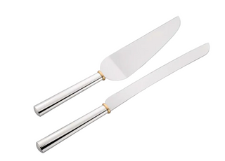 Silver cake knife and server set on a white background