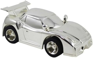Sports Car Shaped Piggy Bank, Silver Metal Finish, Racing Style Design