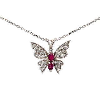 14K White Gold Ruby and Diamond Butterfly Necklace 18"