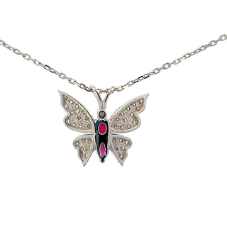 14K White Gold Ruby and Diamond Butterfly Necklace 18"