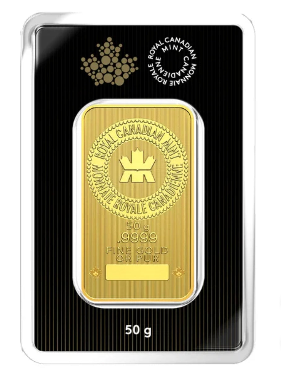 50g Royal Canadian Mint 9999 Fine Gold Bar-New In Assay