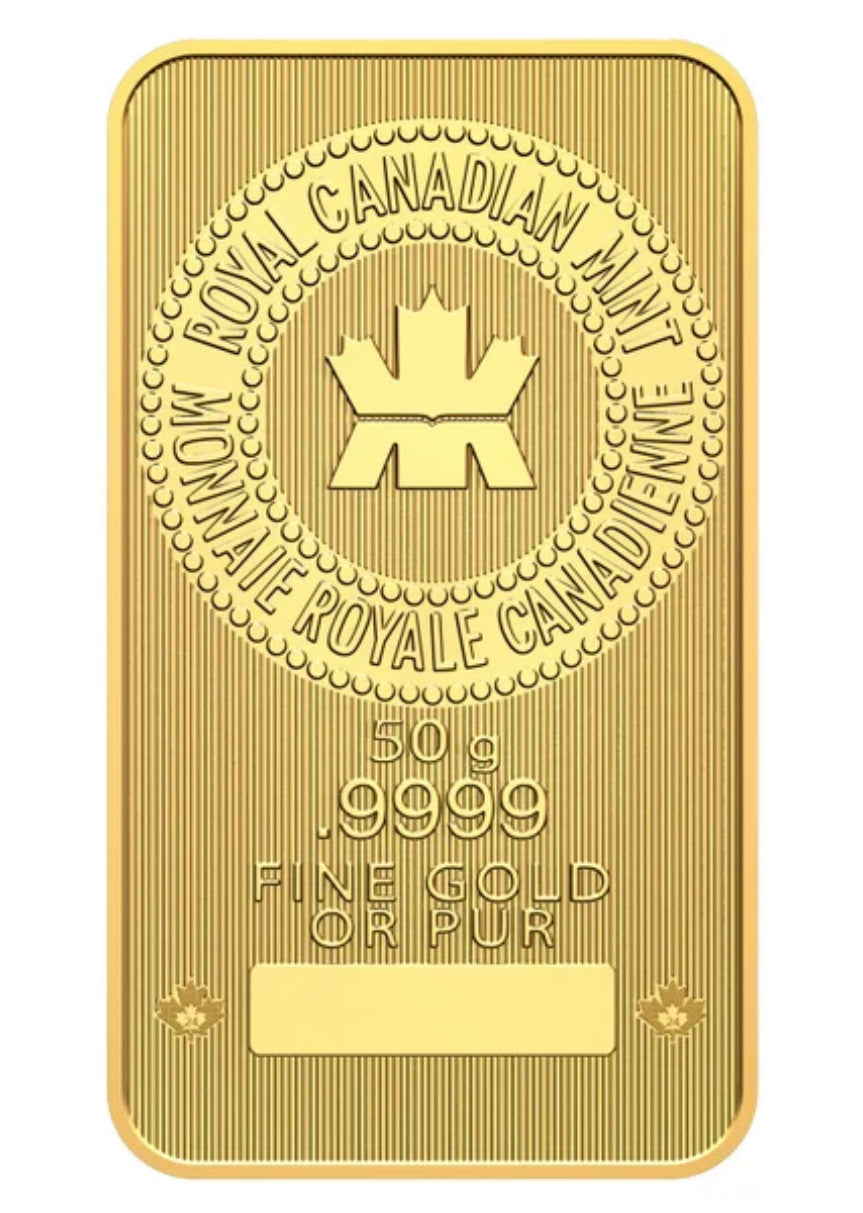 50g Royal Canadian Mint 9999 Fine Gold Bar-New In Assay