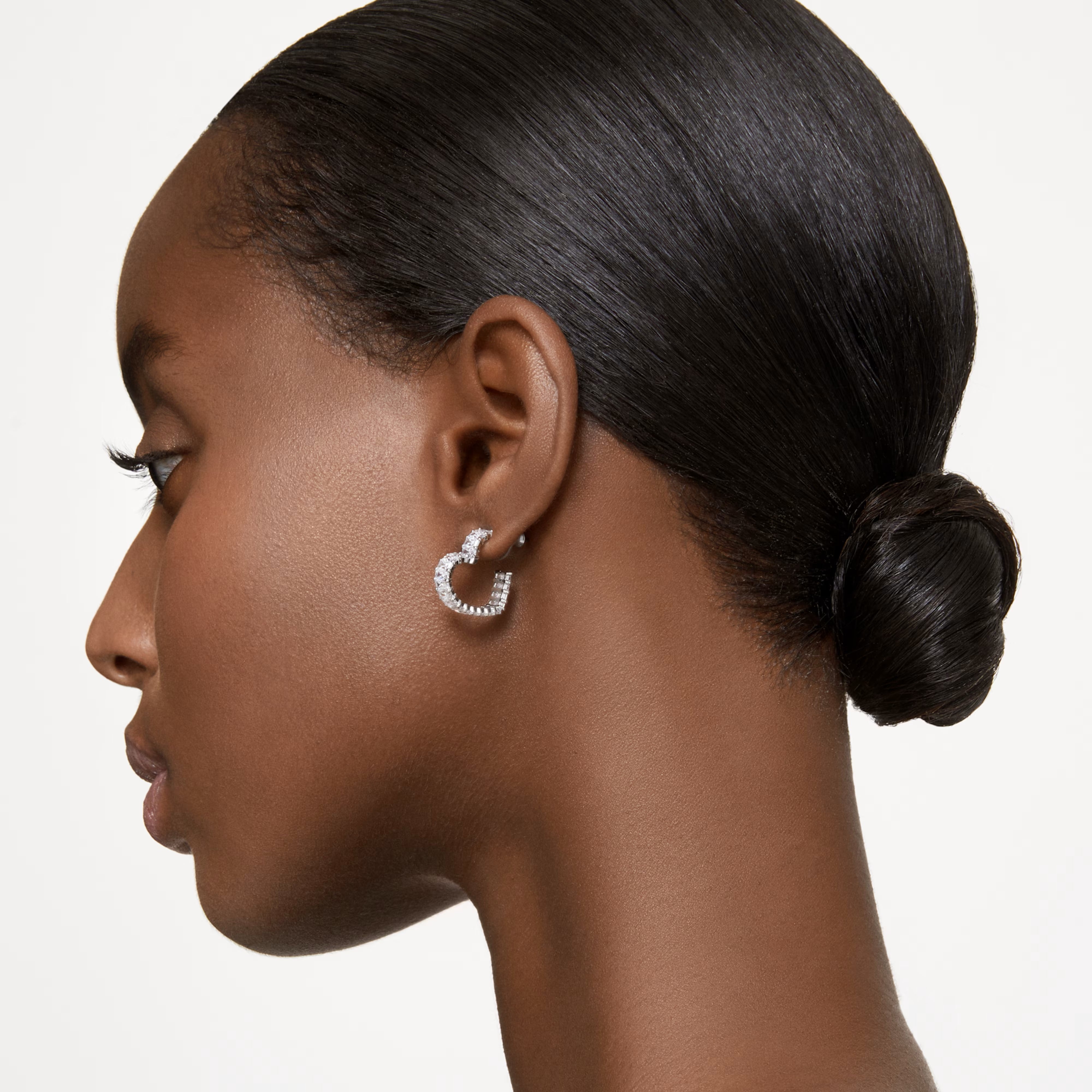 Swarovski Matrix hoop earrings, Baguette cut, Heart, Small, White, Rhodium plated - 5653170/5689693 (SS)
