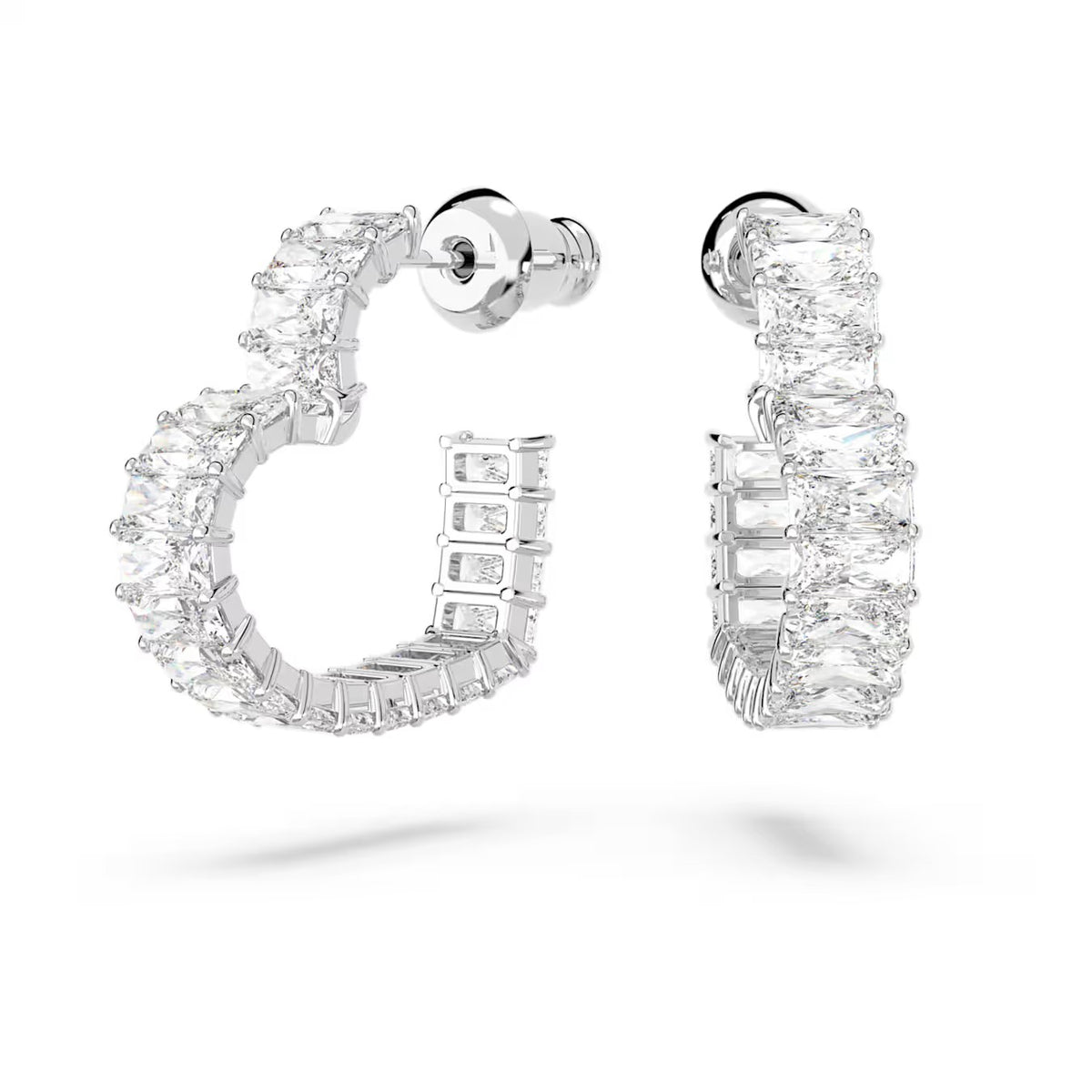 Swarovski Matrix hoop earrings, Baguette cut, Heart, Small, White, Rhodium plated - 5653170/5689693 (SS)
