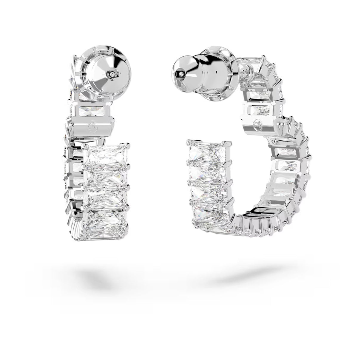 Swarovski Matrix hoop earrings, Baguette cut, Heart, Small, White, Rhodium plated - 5653170/5689693 (SS)