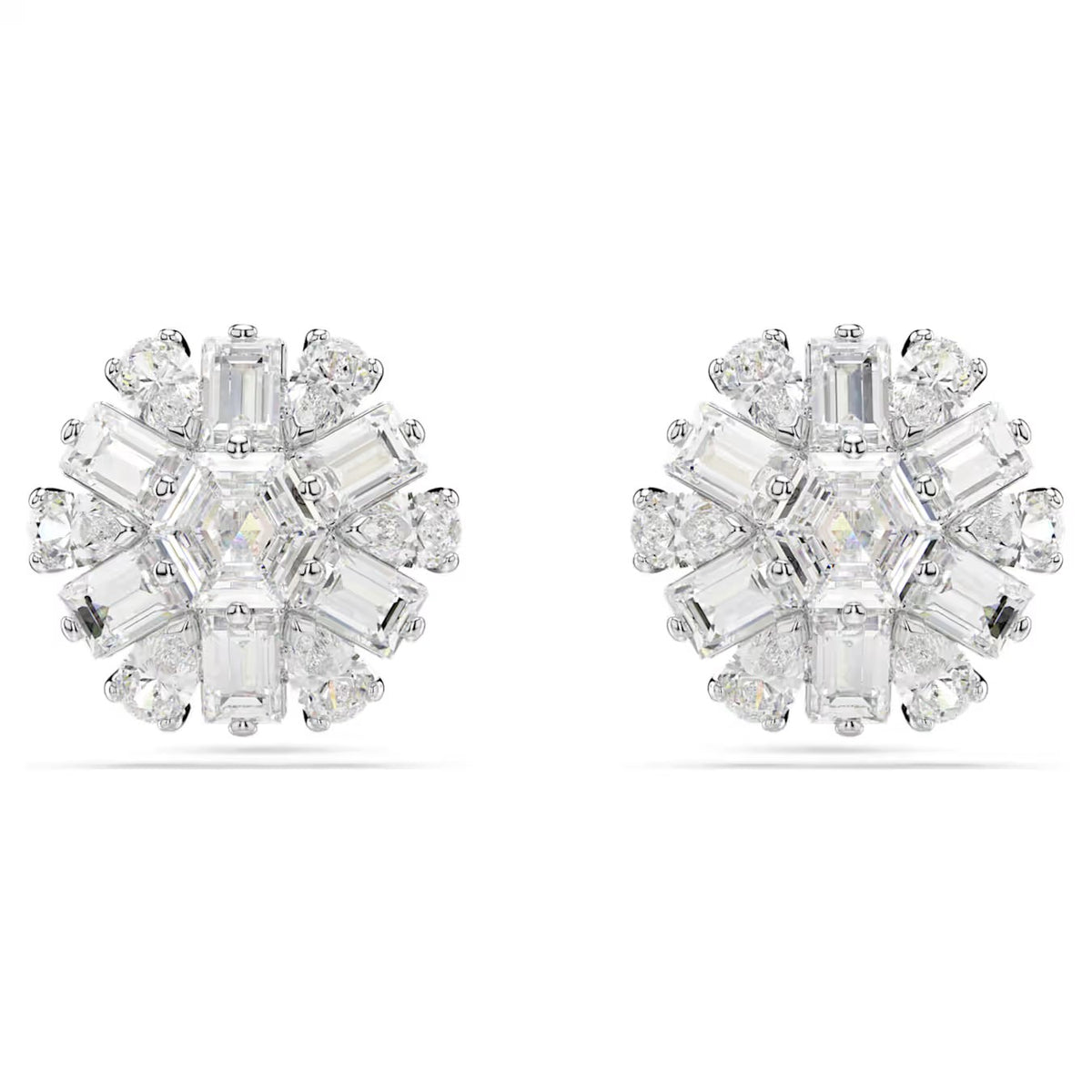 Swarovski Idyllia stud earrings, Mixed cuts, Snowflake, White, Rhodium plated - 5691483/5701593 (SS)