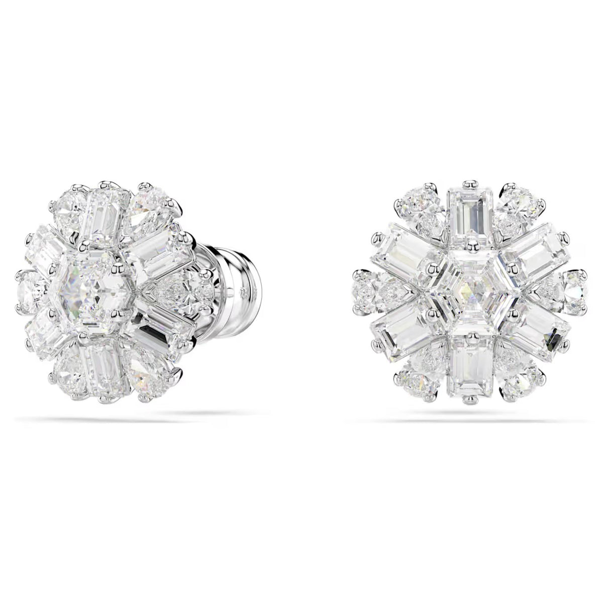 Swarovski Idyllia stud earrings, Mixed cuts, Snowflake, White, Rhodium plated - 5691483/5701593 (SS)