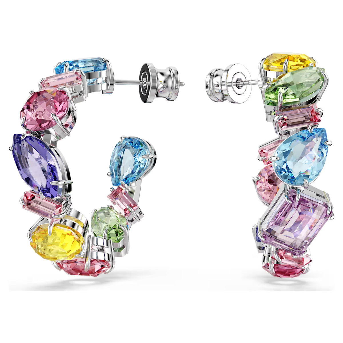 Swarovski - Gema hoop earrings Asymmetrical design, Mixed cuts, Small, Multicoloured, Rhodium plated  - 5692412