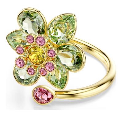 Swarovski - Idyllia open ring, Mixed cuts, Flower, Green, Gold-tone plated 5720297