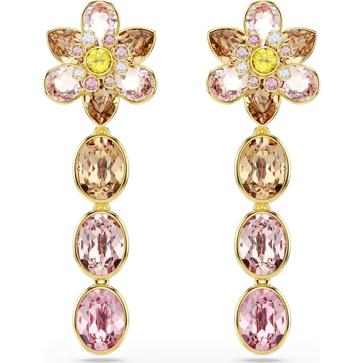 Idyllia drop earrings, Mixed cuts, Flower, Multicolored, Gold-tone plated 5732381