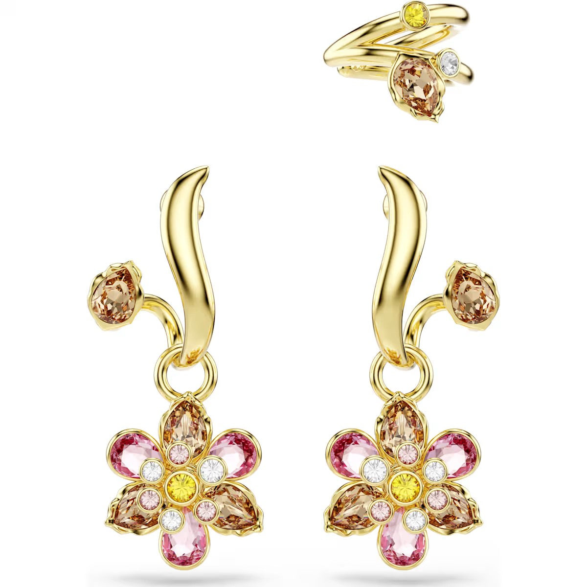 Idyllia earrings, Set (3), Mixed cuts, Flower, Multicolored, Gold-tone plated 5732386