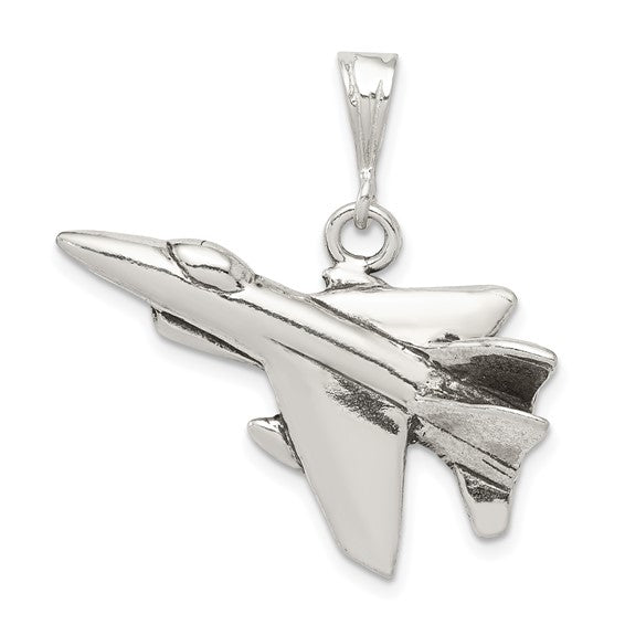 925 sterling silver jet fighter charm with an antique finish.