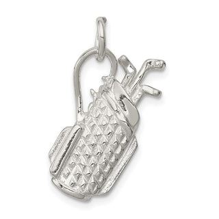 A 925 sterling silver polished gold bag charm with a golf bag design, attached to a small silver hook.