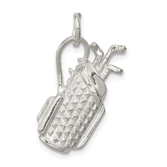 A 925 sterling silver polished gold bag charm with a golf bag design, attached to a small silver hook.