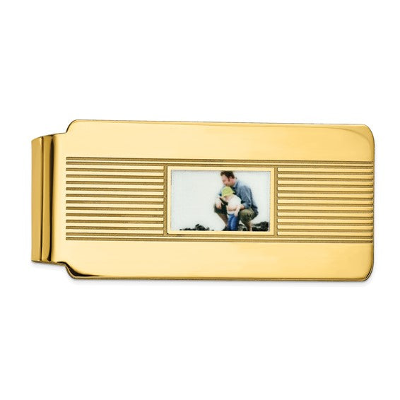 925 sterling silver/yellow gold-plated money clip with a personalized photo insert.