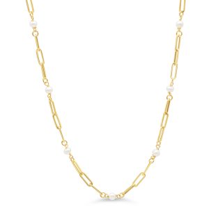 10K Yellow Gold 18&quot; Paperclip and Pearl Necklace