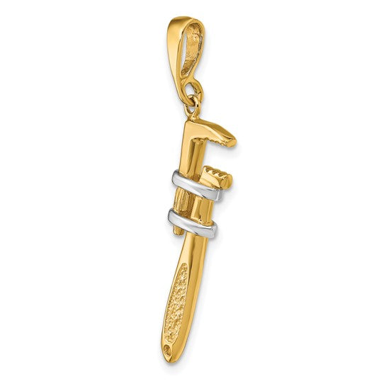 14K Two-Tone, Yellow and White Gold Rhodium 3D Pipe Wrench Charm Pendant - 40mm x 10mm