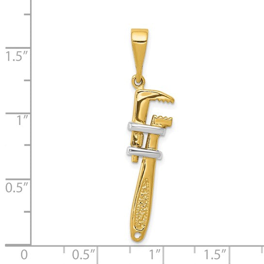 14K Two-Tone, Yellow and White Gold Rhodium 3D Pipe Wrench Charm Pendant - 40mm x 10mm