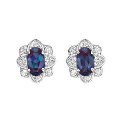 10K White Gold 5x3mm Oval Cut Created Alexandrite and 0.08cttw Diamond Stud Earrings with Butterfly Backings