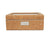 An 8 piece cork watch box with a dark tan Ultrasuede lining and a display window, featuring a branded label on the front.