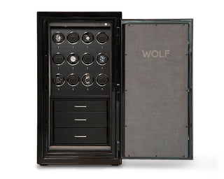 An open Atlas 12 Piece Winder Safe by WOLF, displaying the interior with multiple watch winders and storage drawers, finished in black with chrome trim.