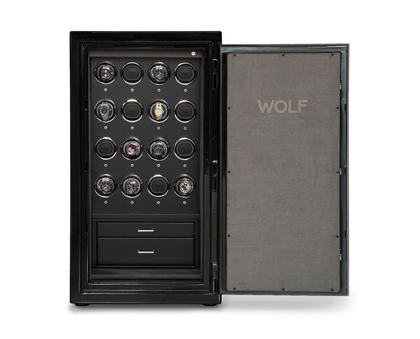 A black Atlas 16 Piece Winder Safe by WOLF, with the front door open to show the interior filled with watch winders and storage compartments.