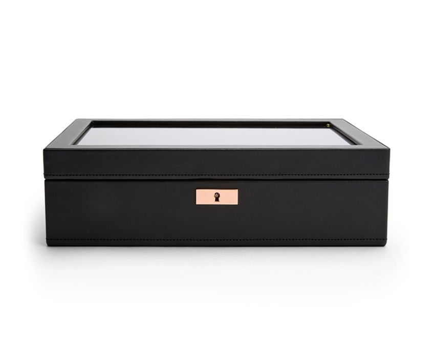 Black vegan leather watch box with a copper plated laser cut perforated steel design, featuring a smart watch USB port.