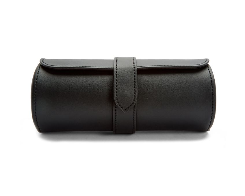 Black leather triple watch roll with snap closure and two watch guards, designed to hold three watches along with small valuables in a hidden jewellery capsule.