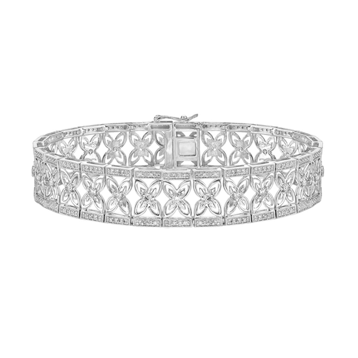 14K White Gold Diamond Bracelet with floral pattern