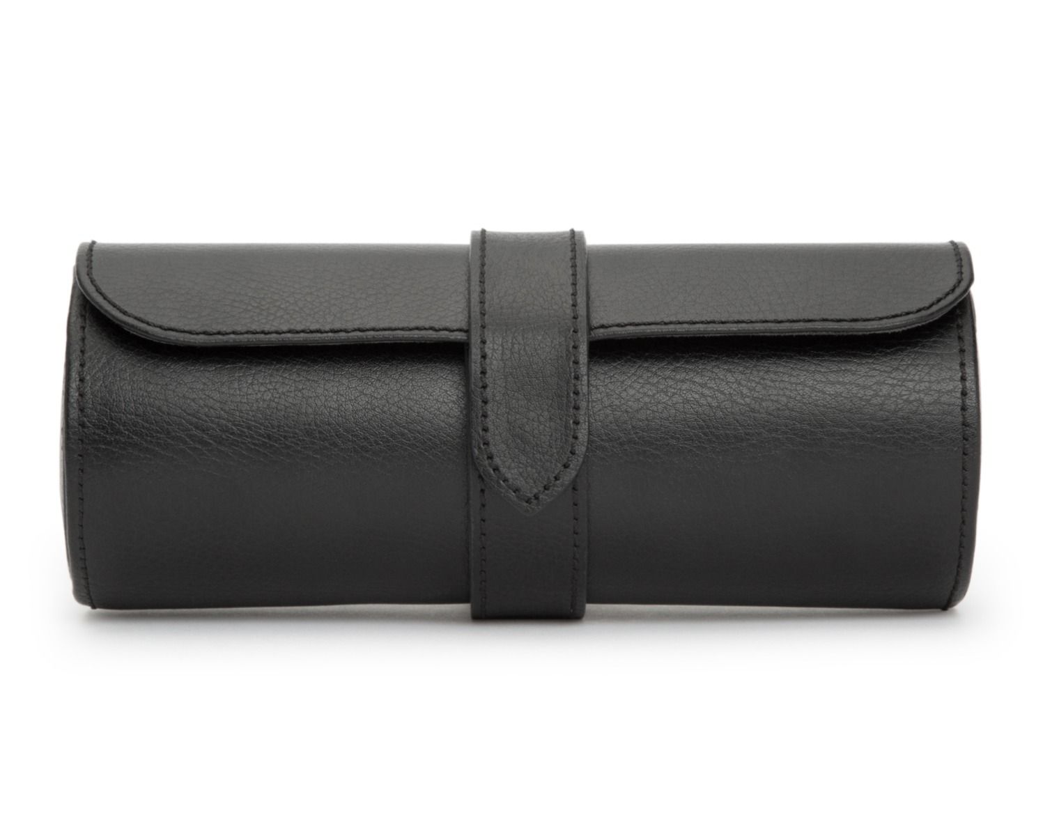A black leather watch roll with a snap closure and a hidden jewelry capsule, designed to hold multiple watches.