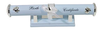 Decorative holder for a birth certificate with teddy bear designs on a white background