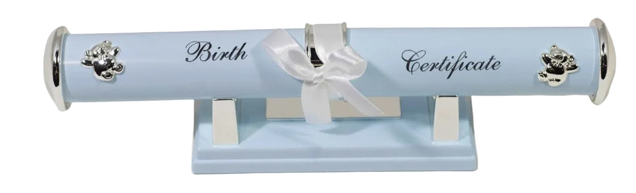 Decorative holder for a birth certificate with teddy bear designs on a white background