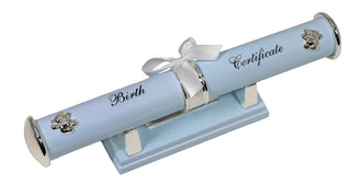 Decorative blue certificate holder with 'Birth' and 'Certificate' text on a white background